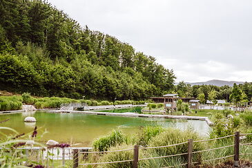 Das Foto zeigt das Naturbecken im Waldseebad ohne Badegäste bei bewölktem Wetter und leichtem Regen.
